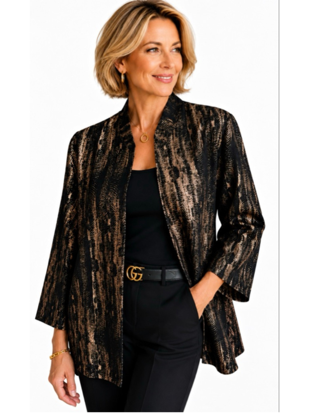 Women's Caroline Rose Black Gold Animal Print Blazer Jacket L